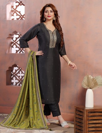 Silk charcoal grey salwar suit with dupatta