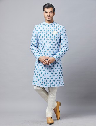 Wedding look blue cotton silk indowestern