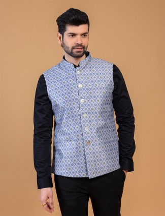 Latest blue printed waistcoat in silk