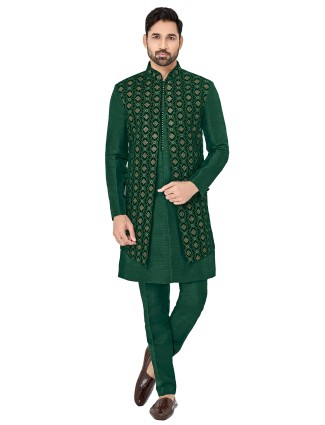 Bottle green wedding wear silk indowestern for men
