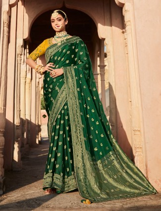 Bottle Green Banarasi Silk Saree for Wedding Look