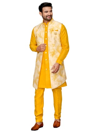 Rich silk wedding indowestern in bright yellow