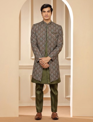 Brown and green printed silk indowestern