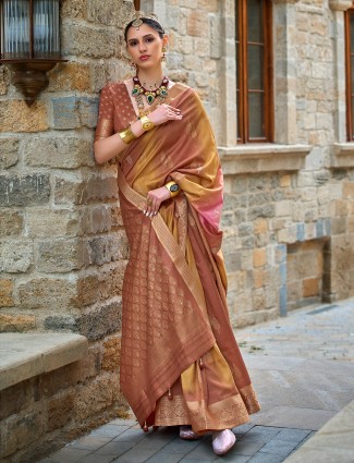 Brown and yellow silk saree