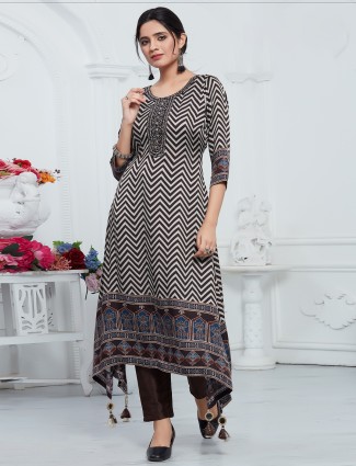 Brown muslin printed a-line kurti