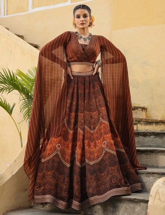 Beautiful Brown Printed Satin Lehenga Choli