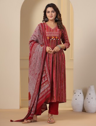 Trendy maroon cotton printed kurti set