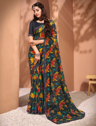 Charcoal Grey Floral Printed Viscose Saree