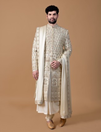 Chic beige raw silk groom sherwani