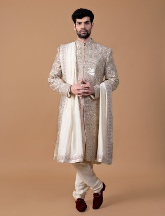 Claasic beige raw silk sherwani