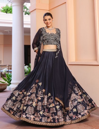 Dark navy lehenga choli in raw silk