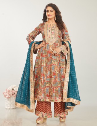 Stylish maroon printed silk sharara suit