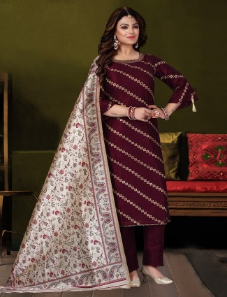 Maroon silk salwar suit with printed dupatta