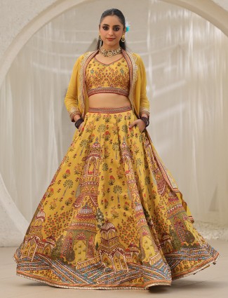 Linen Satin Mustard yellow printed lehenga choli