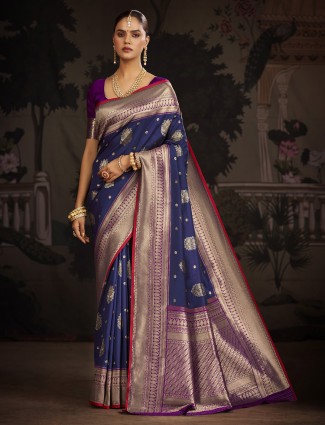 Navy banarasi silk saree with zari weaving