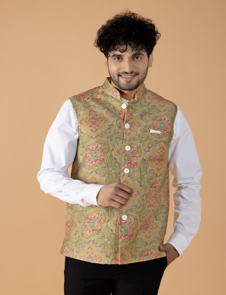 Classy olive silk printed waistcoat