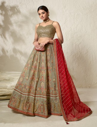 Classy printed sage green silk lehenga choli