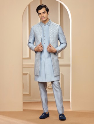 Trendy sky bule silk indowestern