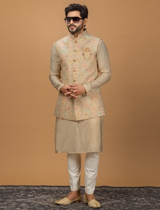 Beige Silk Waistcoat Set for Men