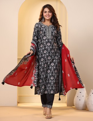 Printed black cotton kurti set