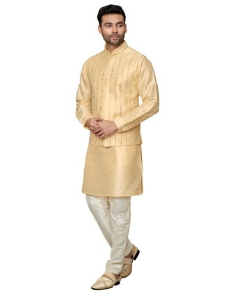 Stylish Light Yellow Silk Waistcoat Set