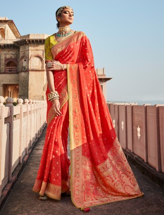 Classy Orange Banarasi Silk Saree for Weddings