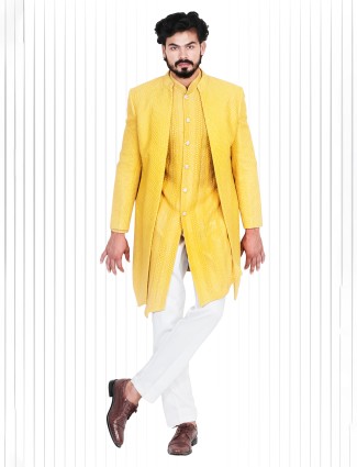 Classic yellow indowestern in silk