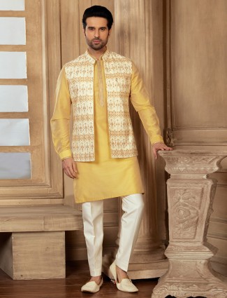 Yellow Hue Silk Waistcoat Set for Wedding