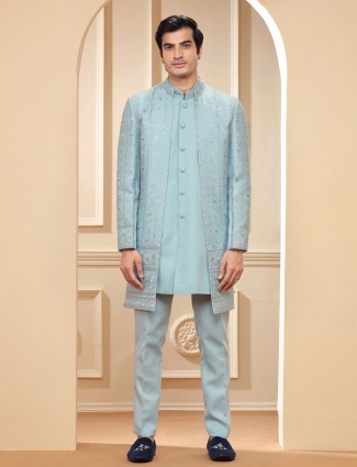 Newest sky blue terry rayon indowestern