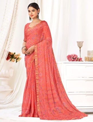 Coral pink bandhani printed saree