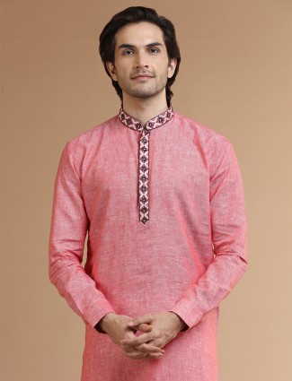 Coral pink linen kurta suit