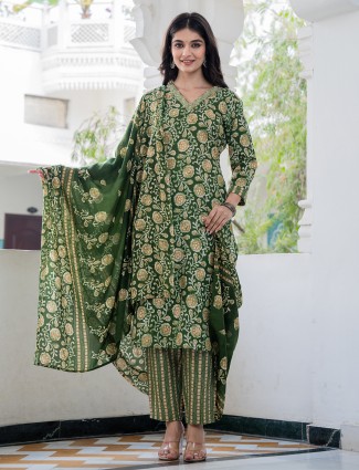 Green printed straight cut kurti set