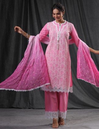 Alluring pink cotton kurti set for festive