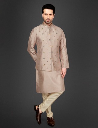 Beige Waistcoat Set for Men in Cotton Silk