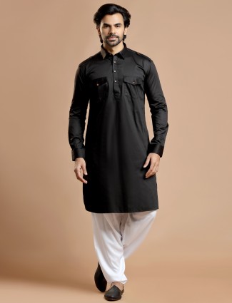 Cotton silk plain black festive pathani suit for men