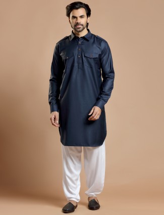 Cotton silk plain festive navy pathani suit for men