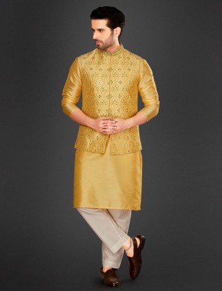 Yellow cotton silk waistcoat set for haldi