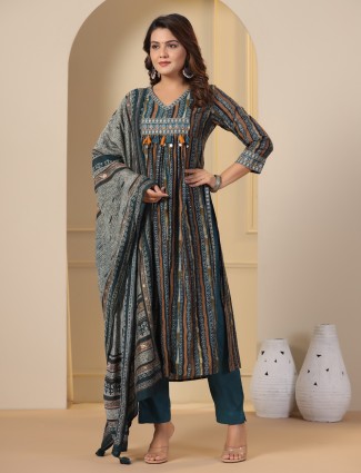 Teal blue cotton printed kurti set