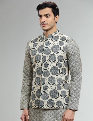 Cream and black printed silk waistcoat set