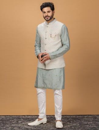 Stylish Cream and Light Blue Silk Waistcoat Set