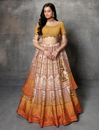 Cream and mustard yellow printed lehenga choli