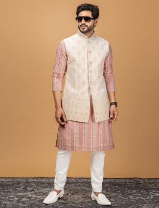 Cream and Pink Silk Waistcoat Set for Men