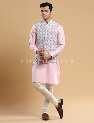 Cream and Pink Silk Festive Waistcoat Set for Men