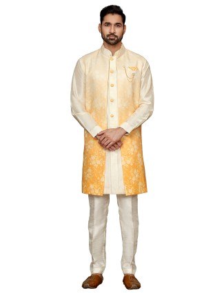 Cream and yellow silk wedding indowestern