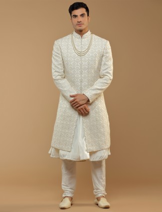 Men wedding wear cream cotton silk sherwani