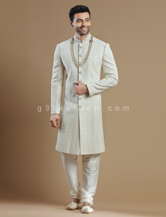 Classy cream raw silk groom wear sherwani