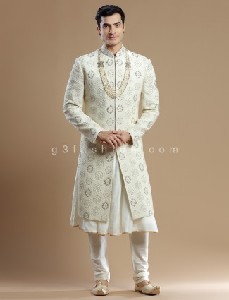 Cream Groom Sherwani in Georgette