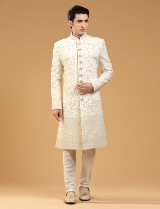 Cream Georgette Rich Groom Sherwani