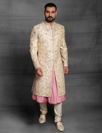 Cream Silk Sherwani Set for Weddings