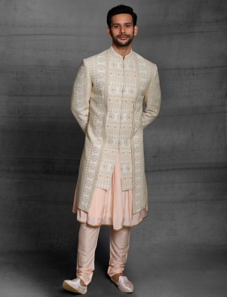 Cream Silk Wedding Sherwani for Men